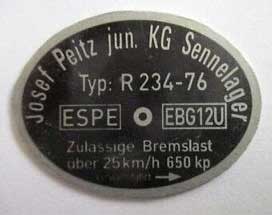 Peitz Typenschild auf dem Ankerblech Peitz Typenschild der Radbremse R234-76