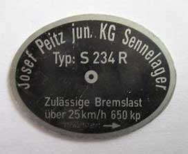 Typenschild am Ankerblech des Rades Peitz S234R Radbremse Typenschild